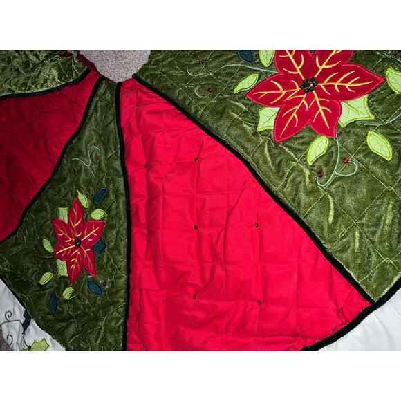 50" Poinsettia Velvet Sateen Pierced Quilted Embroidered Christmas Tree Skirt - Picture 5 of 12